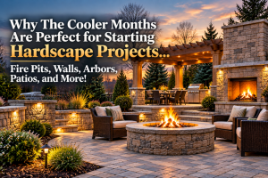 Cooler Months for Hardscape Projects 3-2 | Davis Landscape Design & Installation Outdoor stone patio with a lit fire pit and fireplace at dusk, inviting seating, and warm landscape lighting; promotional text overlays announce Hardscape Projects.