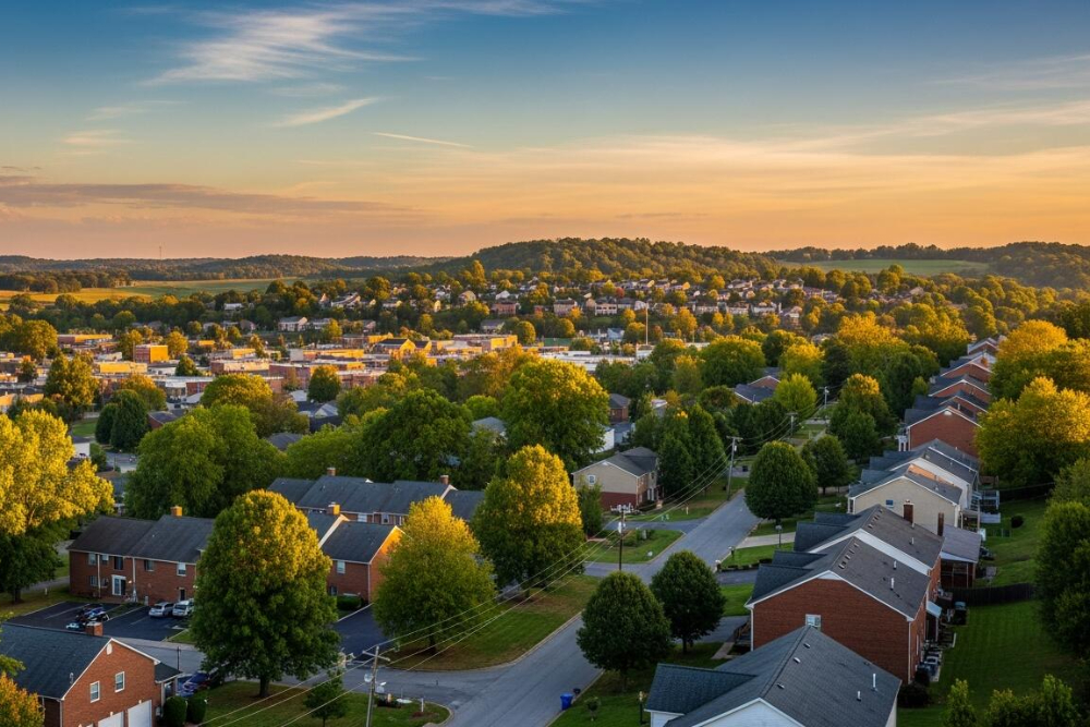 Highland Heights | Davis Landscape Design & Installation Aerial view of a suburban neighborhood at sunset with tree-lined streets and brick houses.