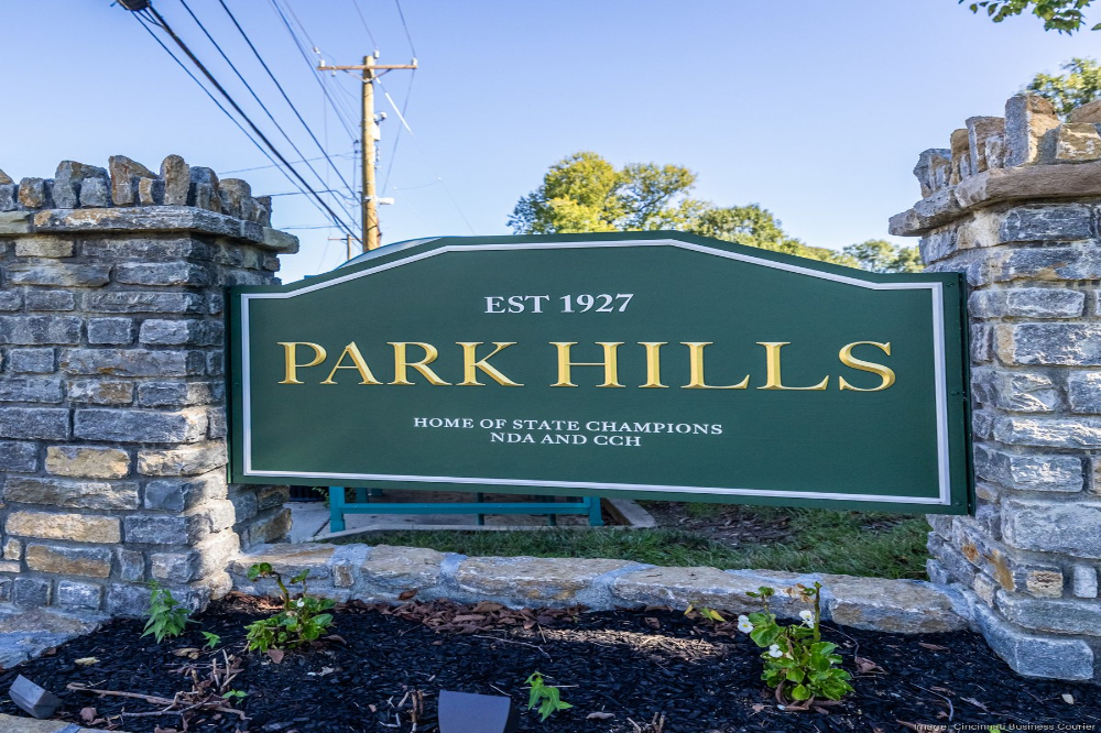 park hills | Davis Landscape Design & Installation Green Park Hills entrance sign with stone pillars, reading EST 1927 PARK HILLS, 'Home of state champions NDA and CCH'.