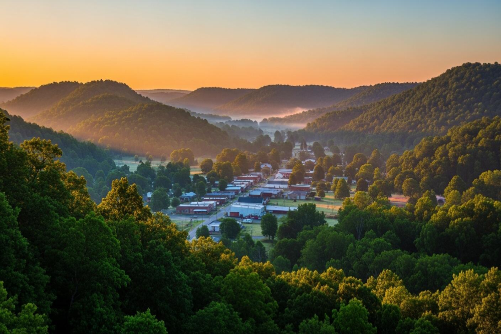 Silver Grove | Davis Landscape Design & Installation Valley town nestled in green hills at sunrise with misty morning light over rooftops and trees.